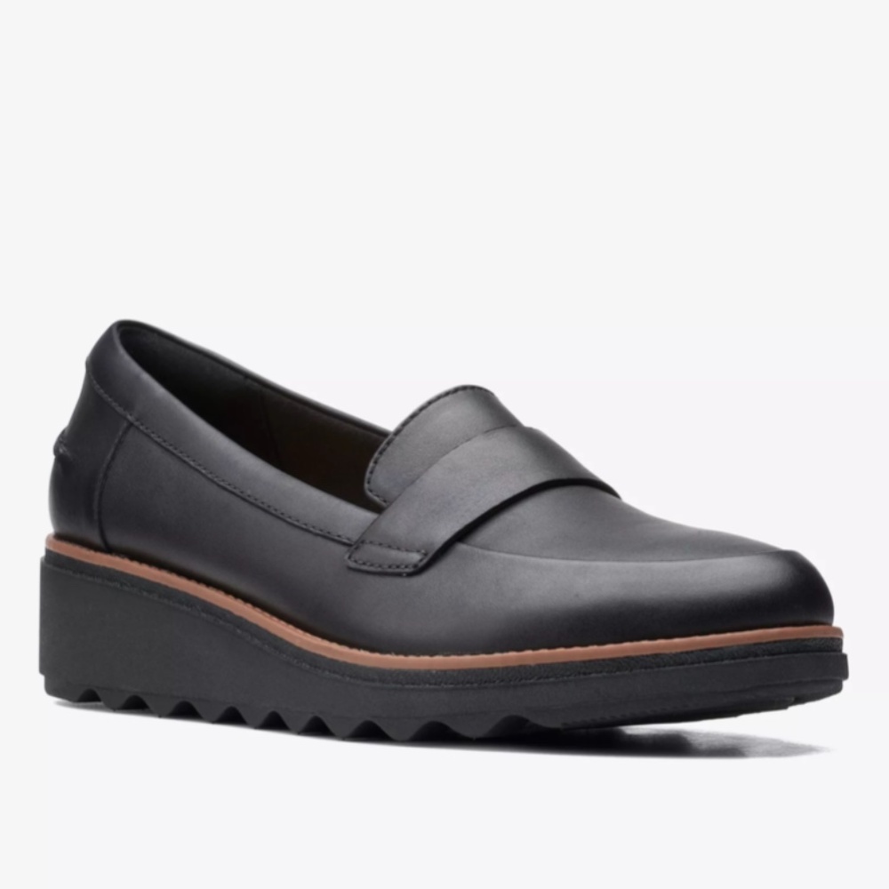 Clarks Black Leather Shoes Loafers Wedges